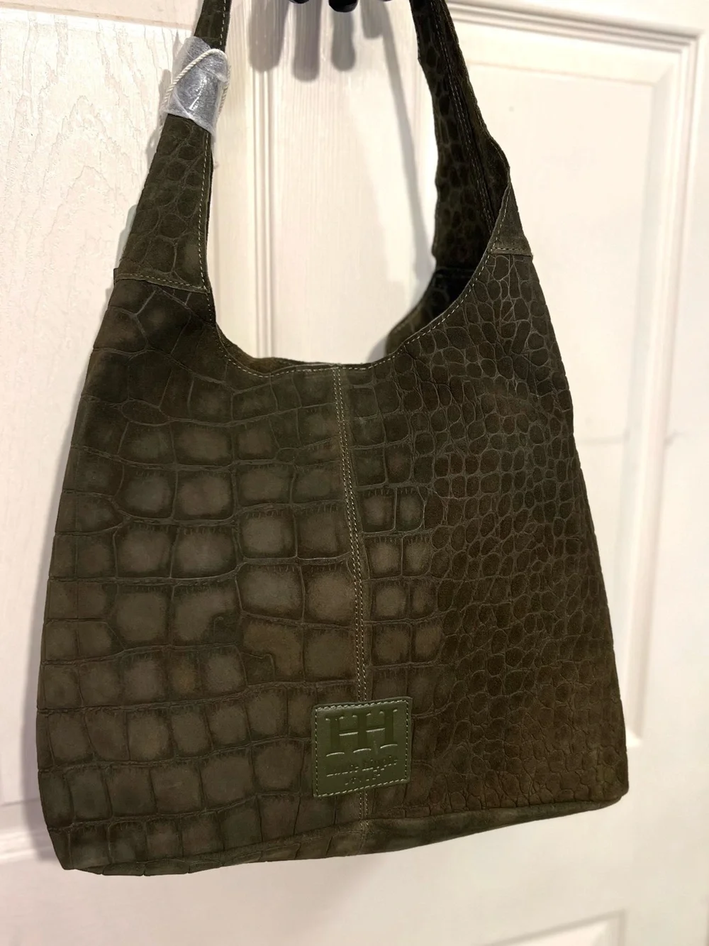 Haute Hippie olive green hobo bag with, crocodile-embossed suede design.NWT